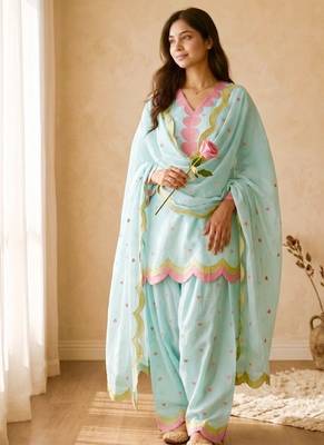 Sky blue embroidery chanderi cotton full stitched farshi salwar suit set 2