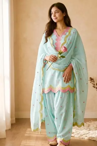 Sky blue embroidery chanderi cotton full stitched farshi salwar suit set