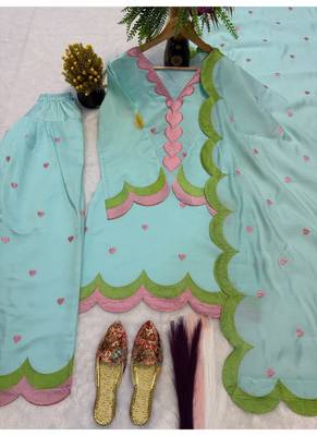 Sky blue embroidery chanderi cotton full stitched farshi salwar suit set 3
