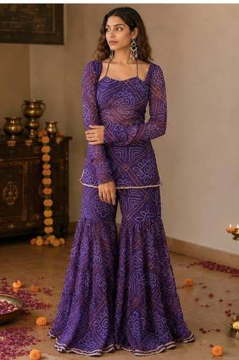 Purple embroidery faux georgette full stitched sarara plazo suit set