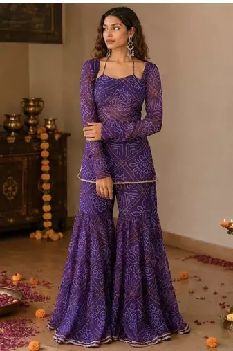 Purple embroidery faux georgette full stitched sarara plazo suit set