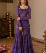 Purple embroidery faux georgette full stitched sarara plazo suit set