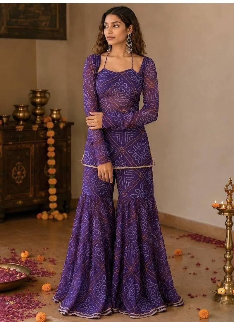 Purple embroidery faux georgette full stitched sarara plazo suit set