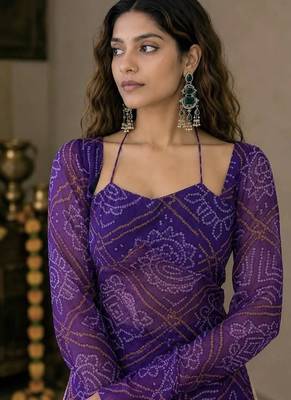 Purple embroidery faux georgette full stitched sarara plazo suit set 2