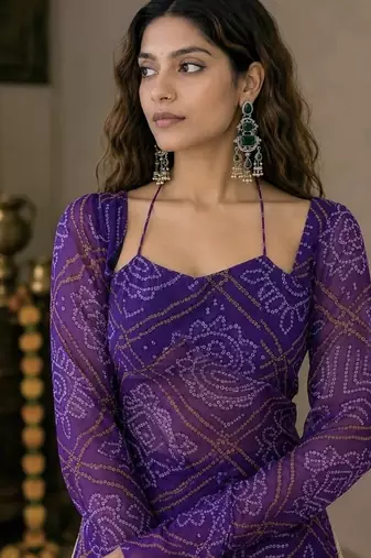 Purple embroidery faux georgette full stitched sarara plazo suit set