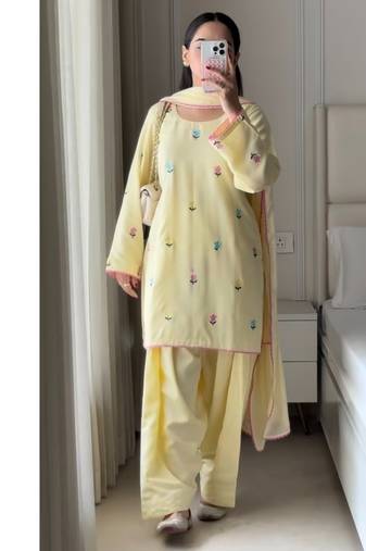 Yellow embroidery frendy full stitched farshi salwar suit set