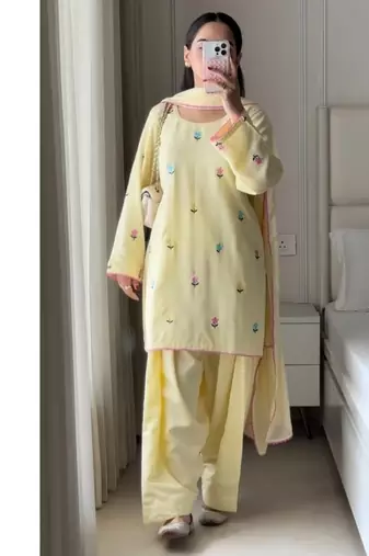 Yellow embroidery frendy full stitched farshi salwar suit set