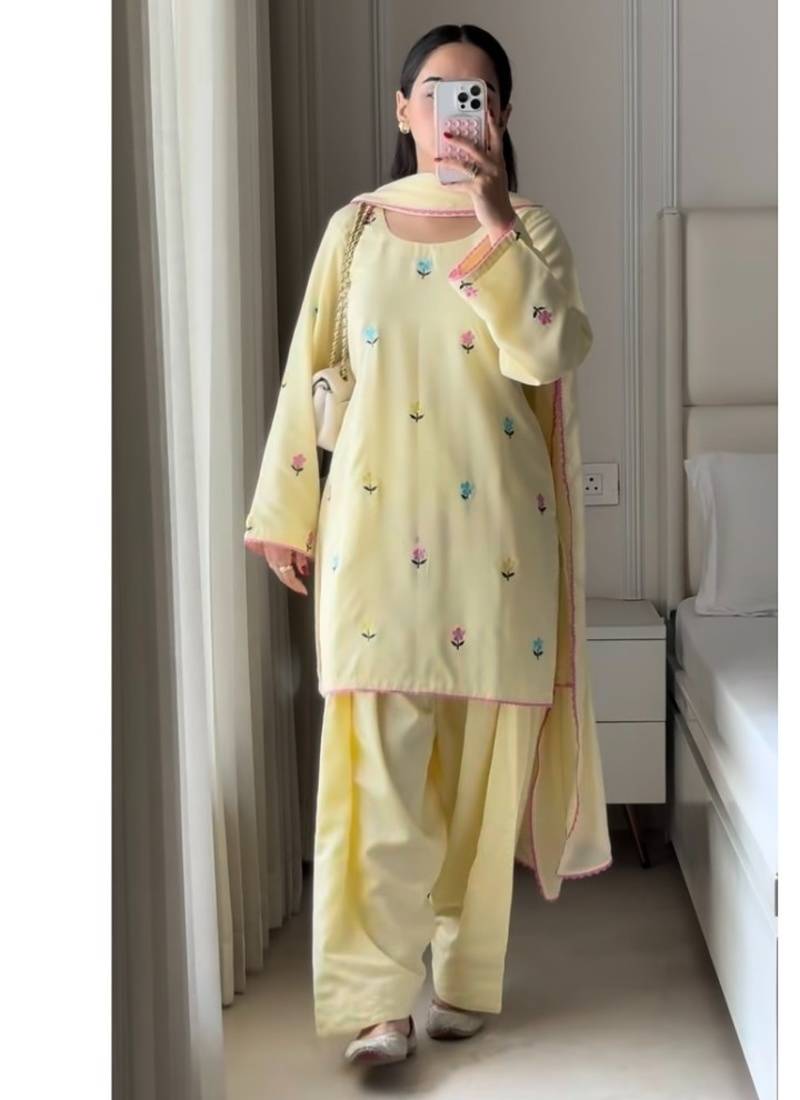Yellow embroidery frendy full stitched farshi salwar suit set