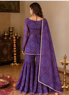Purple embroidery faux georgette full stitched sarara plazo suit set 3