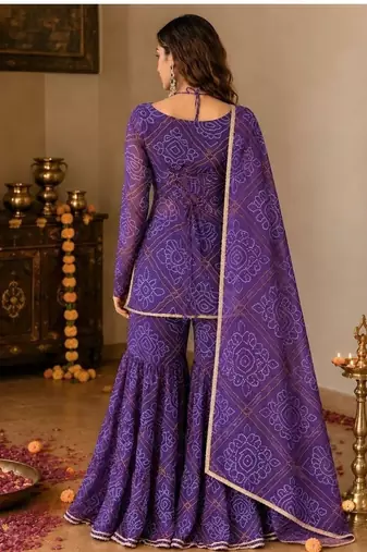 Purple embroidery faux georgette full stitched sarara plazo suit set