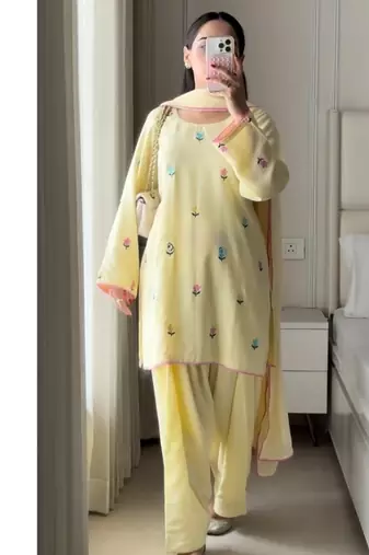 Yellow embroidery frendy full stitched farshi salwar suit set