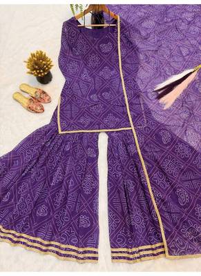 Purple embroidery faux georgette full stitched sarara plazo suit set 4