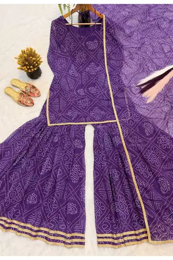 Purple embroidery faux georgette full stitched sarara plazo suit set