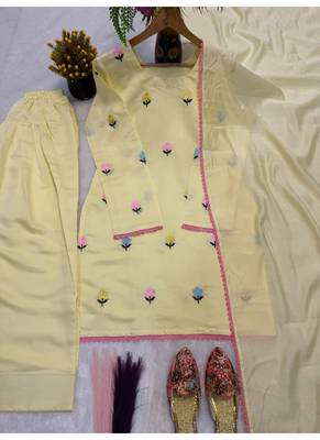 Yellow embroidery frendy full stitched farshi salwar suit set 3