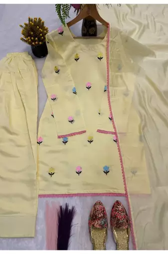 Yellow embroidery frendy full stitched farshi salwar suit set