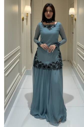 Blue embroidery faux georgette full stitched sarara plazo suit set