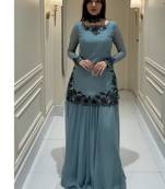 Blue embroidery faux georgette full stitched sarara plazo suit set