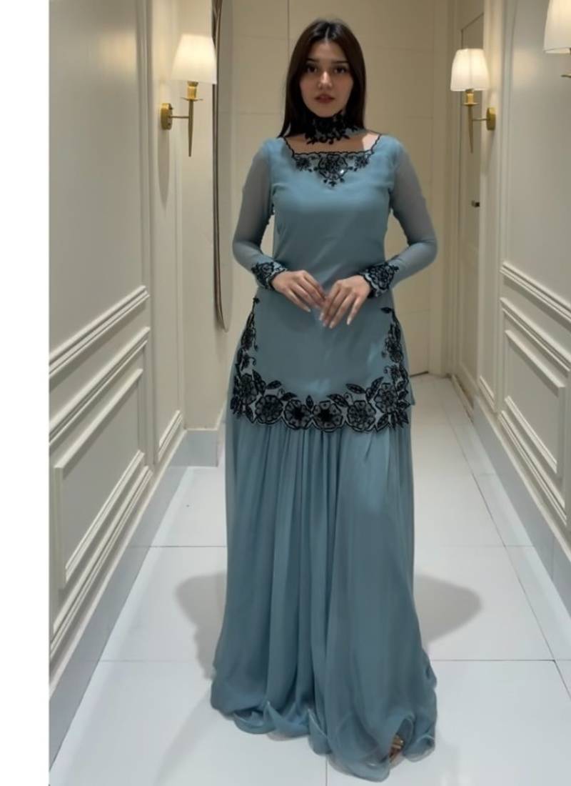 Blue embroidery faux georgette full stitched sarara plazo suit set