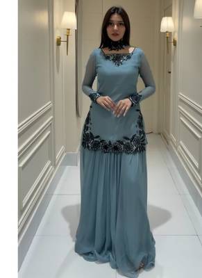 Blue embroidery faux georgette full stitched sarara plazo suit set 2