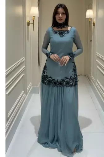 Blue embroidery faux georgette full stitched sarara plazo suit set