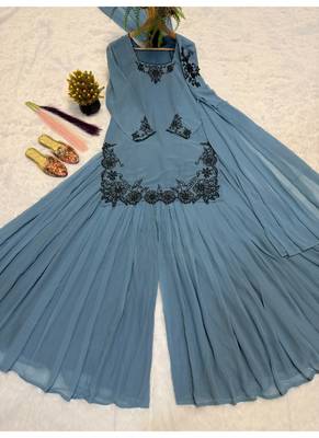 Blue embroidery faux georgette full stitched sarara plazo suit set 4