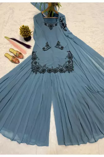 Blue embroidery faux georgette full stitched sarara plazo suit set