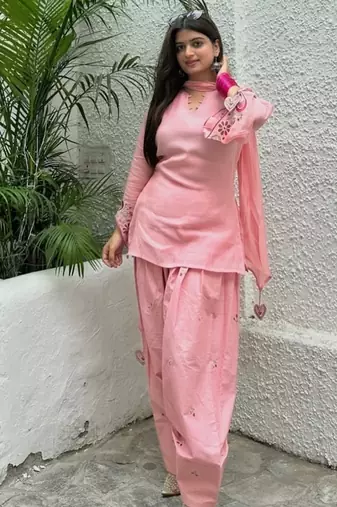 Pink embroidery chanderi cotton full stitched sarara plazo suit set