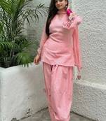 Pink embroidery chanderi cotton full stitched sarara plazo suit set