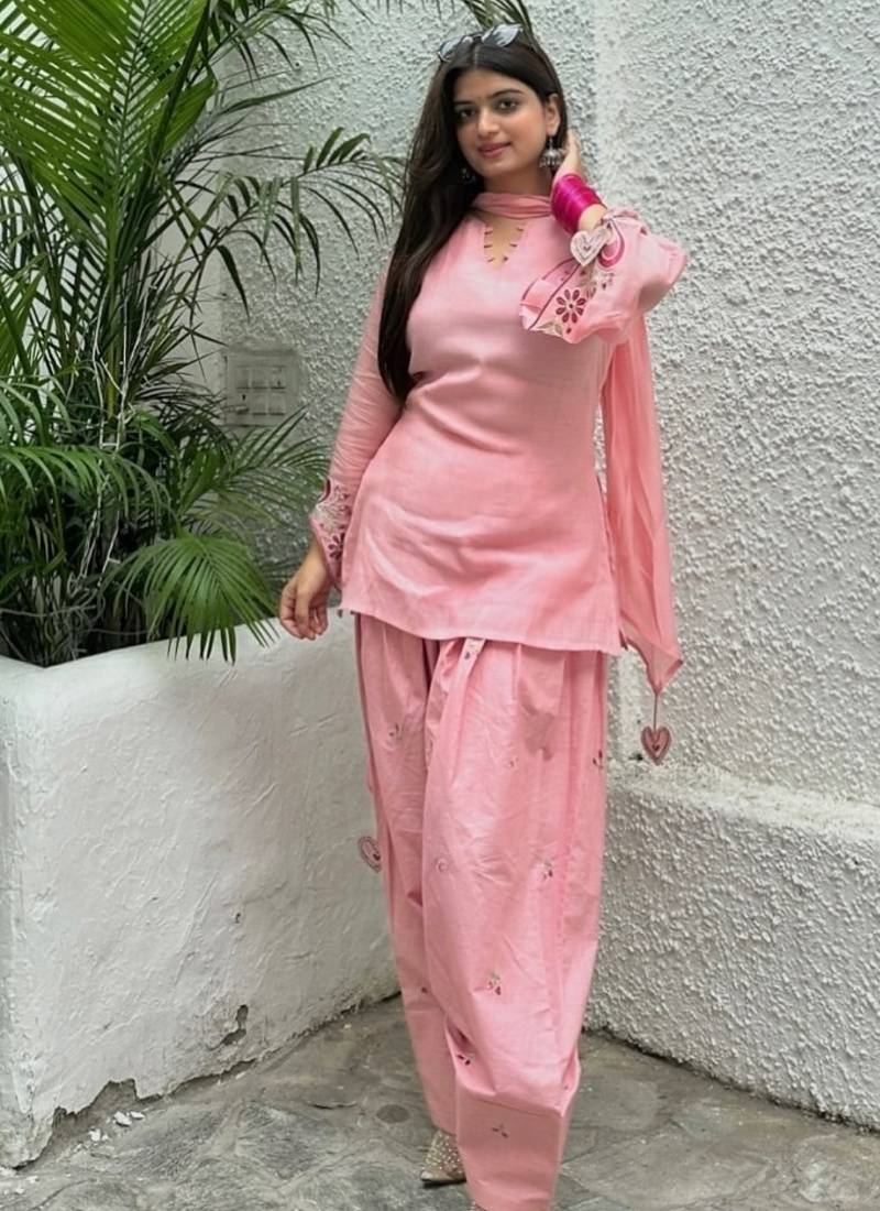 Pink embroidery chanderi cotton full stitched sarara plazo suit set