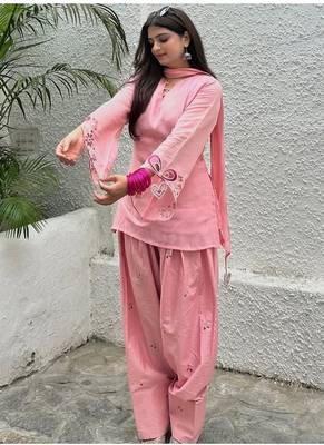 Pink embroidery chanderi cotton full stitched sarara plazo suit set 2