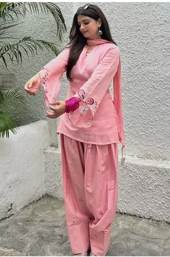 Pink embroidery chanderi cotton full stitched sarara plazo suit set