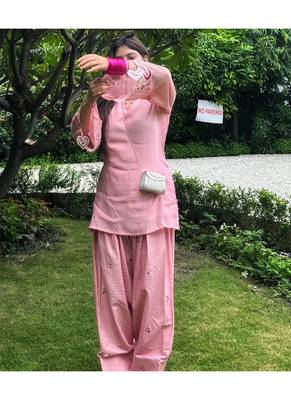 Pink embroidery chanderi cotton full stitched sarara plazo suit set 3
