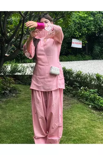 Pink embroidery chanderi cotton full stitched sarara plazo suit set