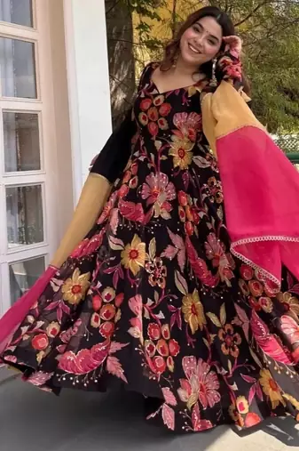 Black embroidery silk full stitched anarkali suit