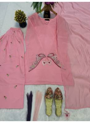 Pink embroidery chanderi cotton full stitched sarara plazo suit set 4