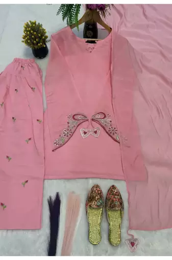 Pink embroidery chanderi cotton full stitched sarara plazo suit set