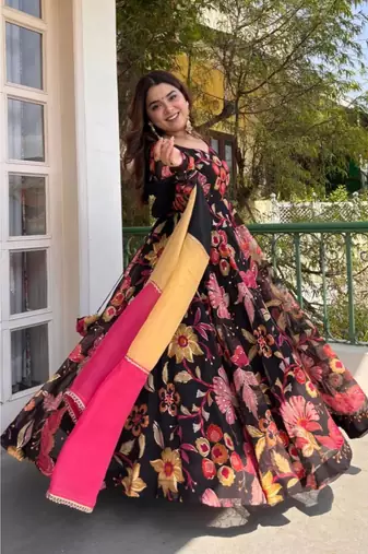 Black embroidery silk full stitched anarkali suit