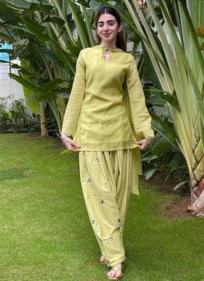 Green embroidery chanderi cotton full stitched farshi salwar suit set 1