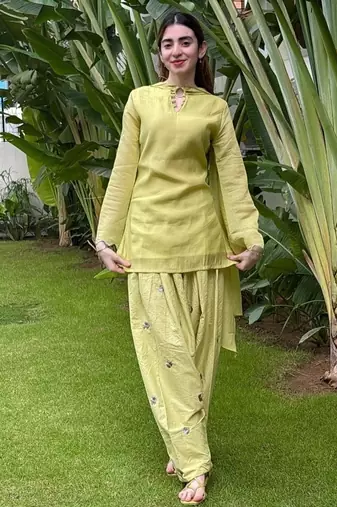 Green embroidery chanderi cotton full stitched farshi salwar suit set