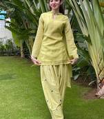 Green embroidery chanderi cotton full stitched farshi salwar suit set