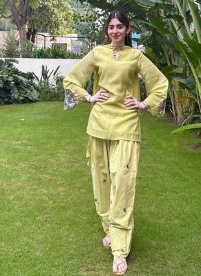 Green embroidery chanderi cotton full stitched farshi salwar suit set 2