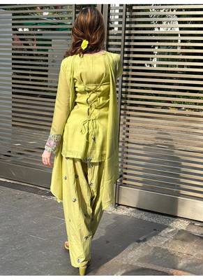 Green embroidery chanderi cotton full stitched farshi salwar suit set 3