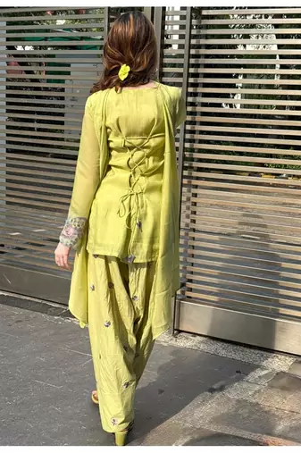 Green embroidery chanderi cotton full stitched farshi salwar suit set