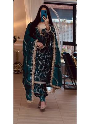 Dark green embroidery frendy full stitched farshi salwar suit set 1