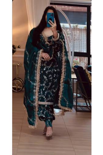 Dark green embroidery frendy full stitched farshi salwar suit set