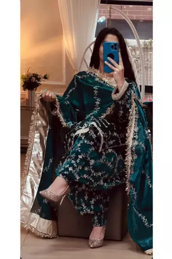 Dark green embroidery frendy full stitched farshi salwar suit set