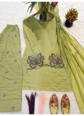 Green embroidery chanderi cotton full stitched farshi salwar suit set 4
