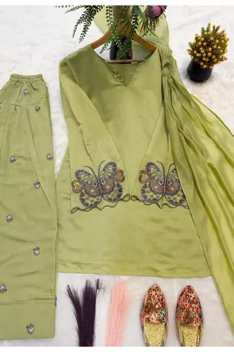 Green embroidery chanderi cotton full stitched farshi salwar suit set