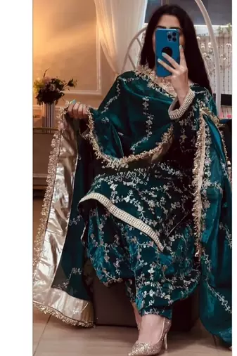 Dark green embroidery frendy full stitched farshi salwar suit set