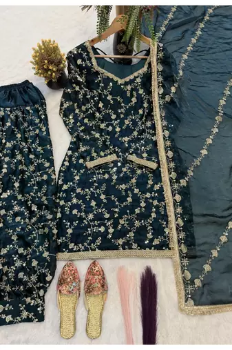 Dark green embroidery frendy full stitched farshi salwar suit set